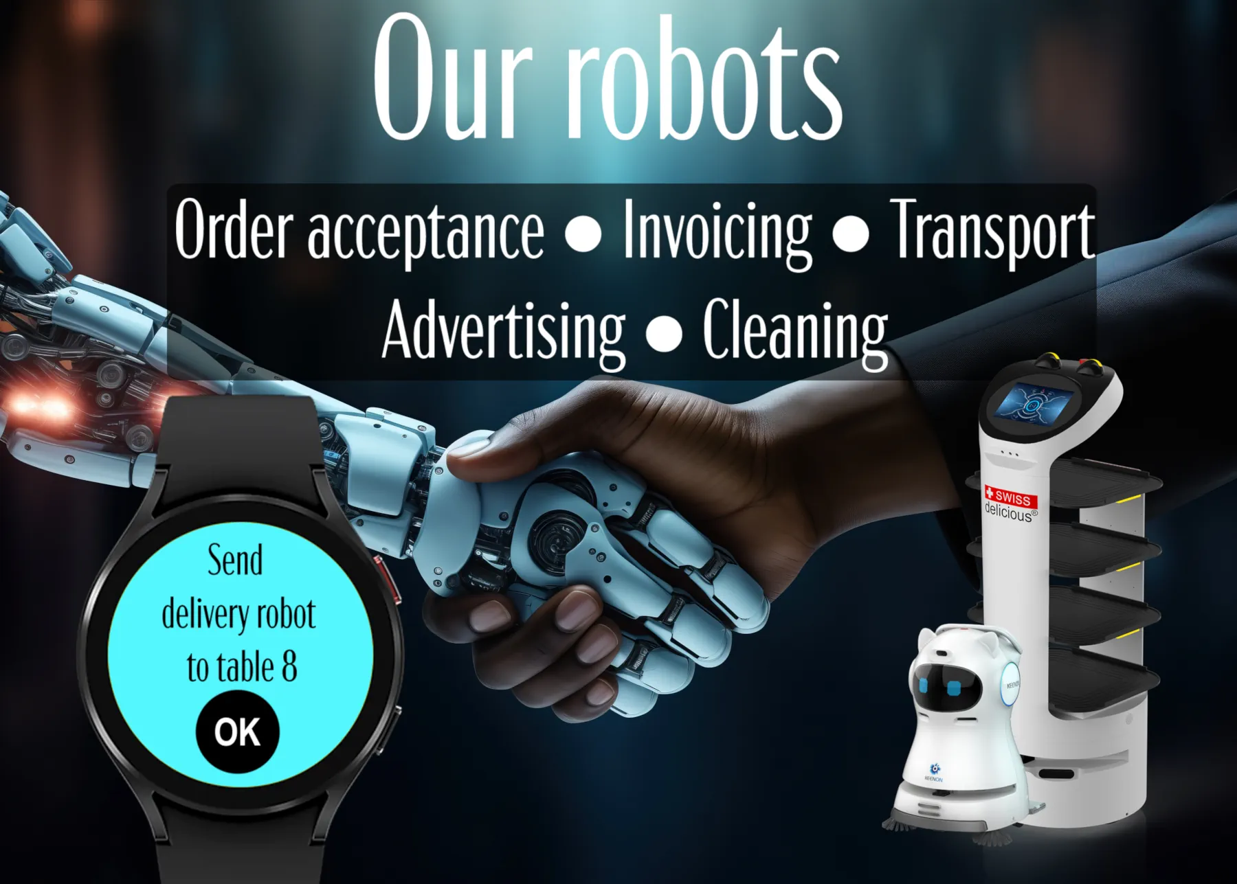 Our robots, order acceptance, billing, transport, mobile advertising, cleaning