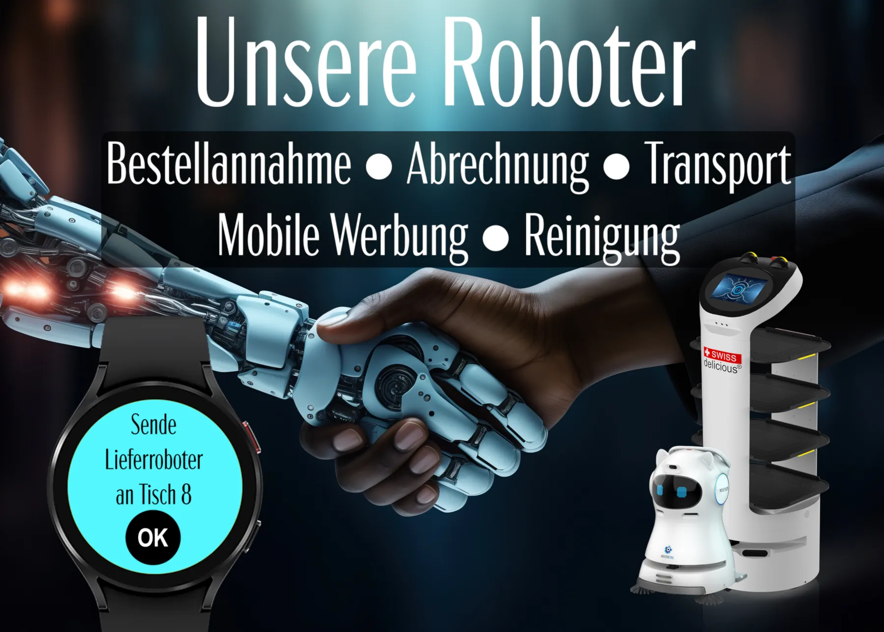 Unsere Roboter, Bestellannahme, Abrechnung, Transport, Mobile Werbung, Reinigung